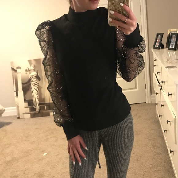 Black Sequin Mesh sleeve Ribbed top - Picture 2 of 3